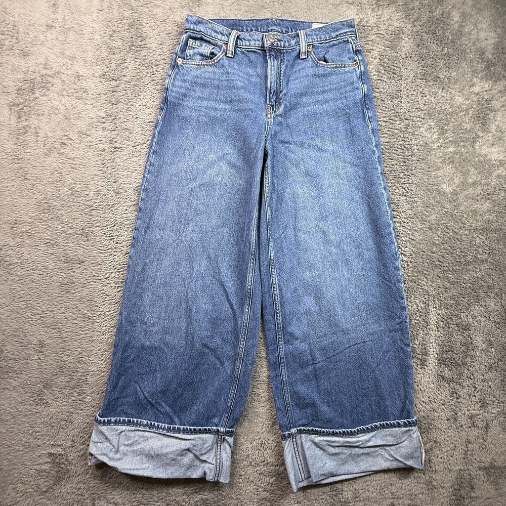 GAP Baggy Mid Rise Wide Leg Jeans UltraSoft Denim Cuffed 28x28 Cotton Blend